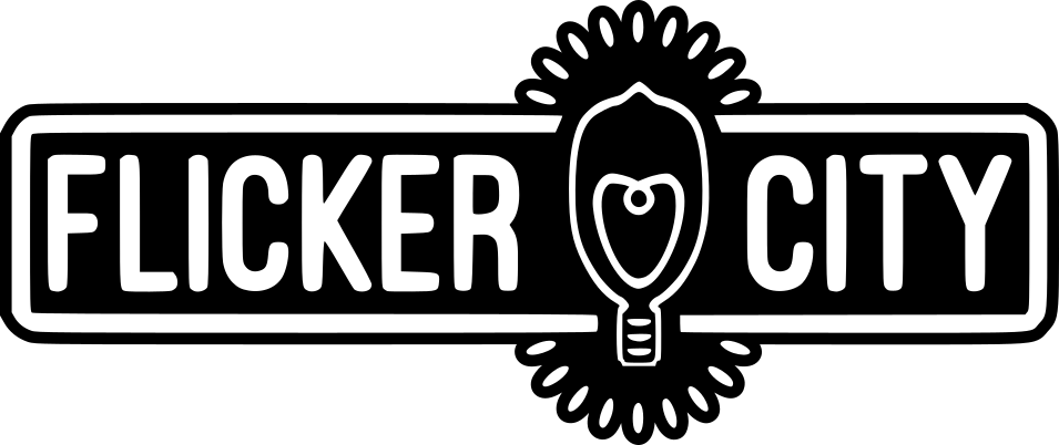 A logo for the Flicker City brand showing a glowing lightbulb